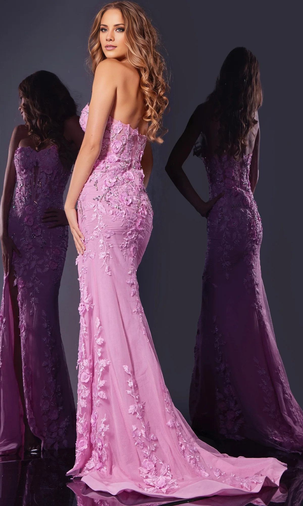 OKBBN's gorgeous long strapless floral decoration and transparent tight corset ball dress