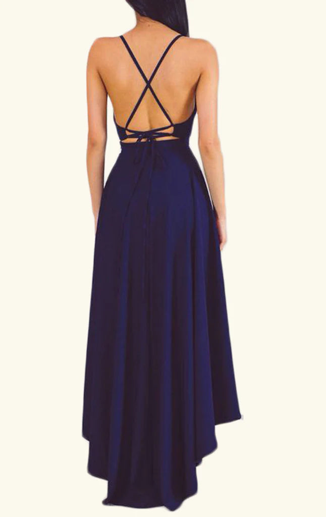 OKBBN deep V-neck high-low thin shoulder strap formal ball dress