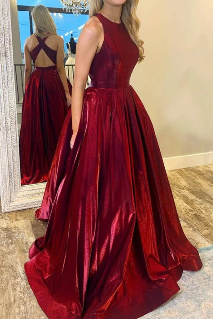 OKBBN Elegant Bareback Satin Long Style with Cross Back Formal Ball Dress