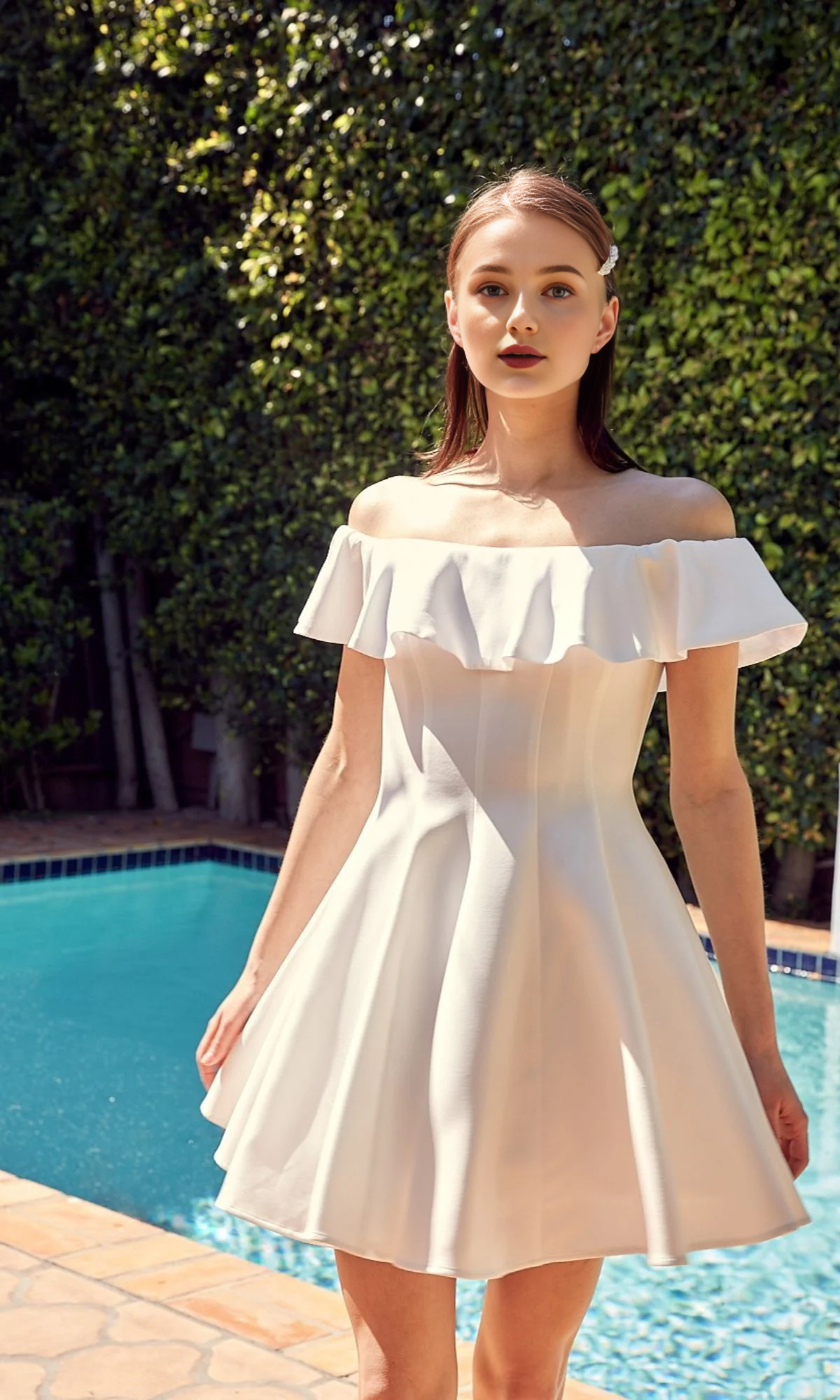 OKBBN Elegant Off Shoulder Short Ruffle Close Fit Waist Sweet yet Elegant Back to School Dress