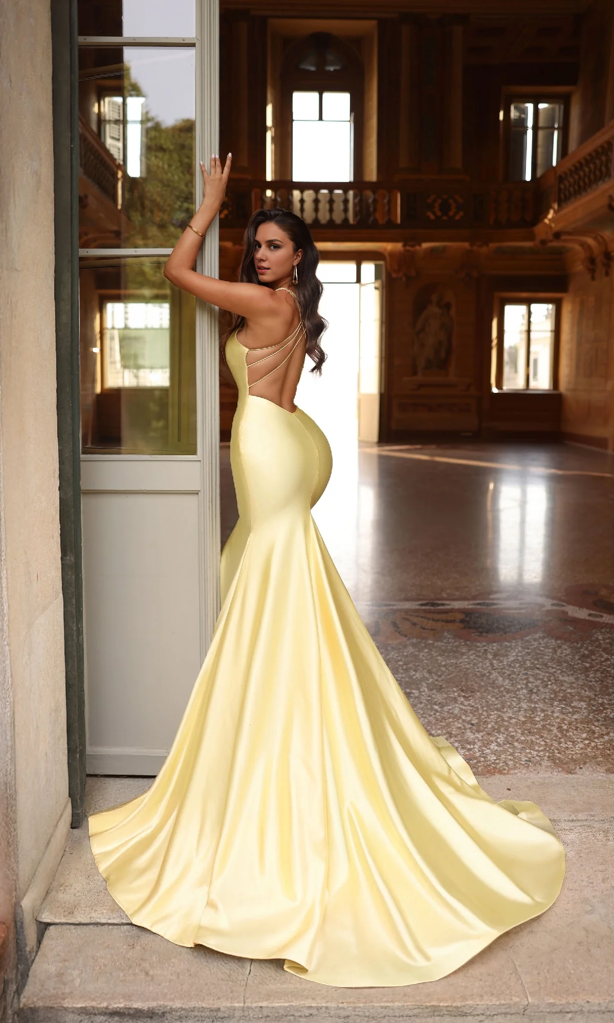 OKBBN Long Simple Satin V-neck Bareback Strap Ball Dress