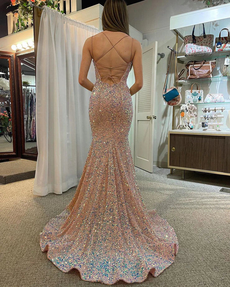 OKBBN Cute Mermaid V-neck Velvet Glitter Long Ball Dress