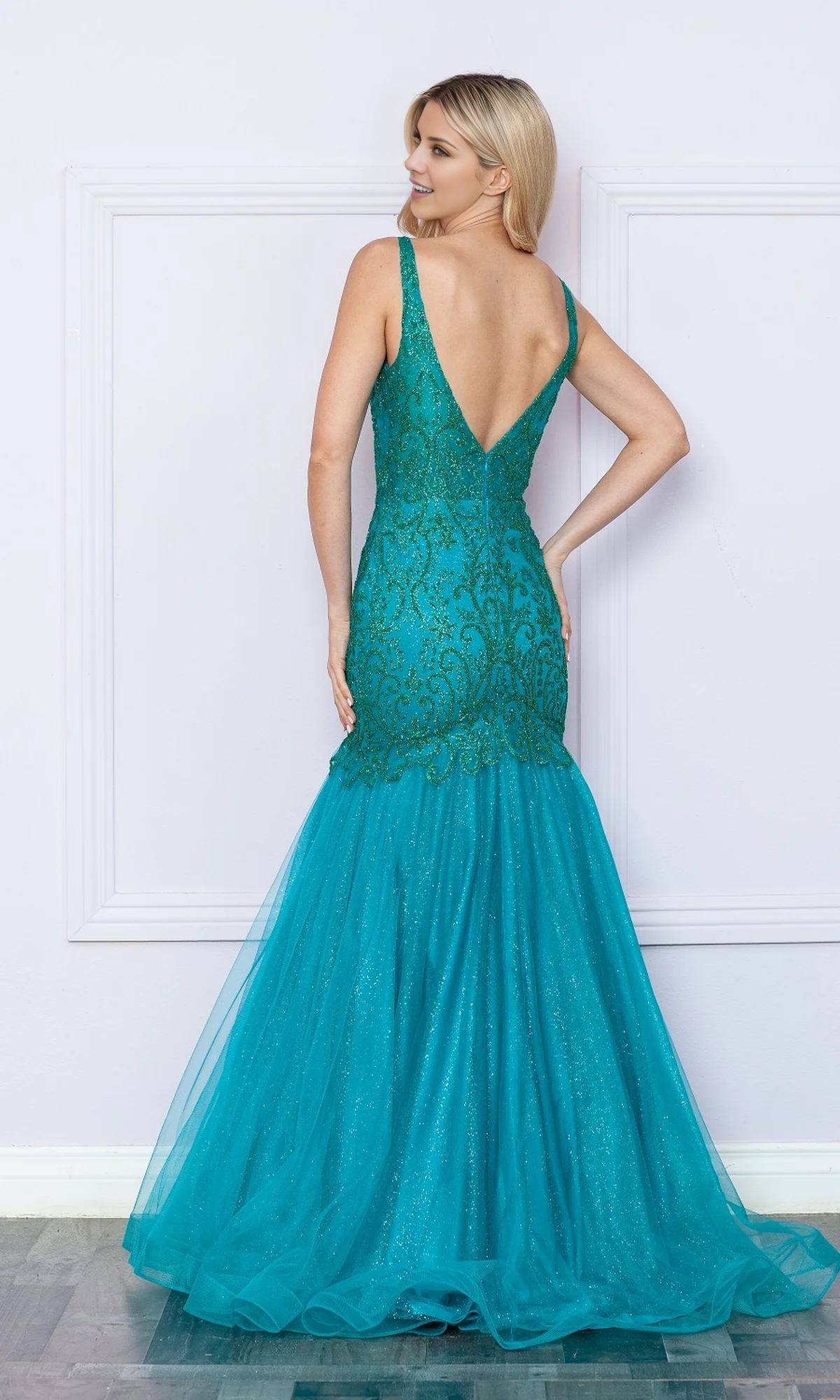 OKBBN Low V-neck Long Sparkling Mermaid Ball Dress