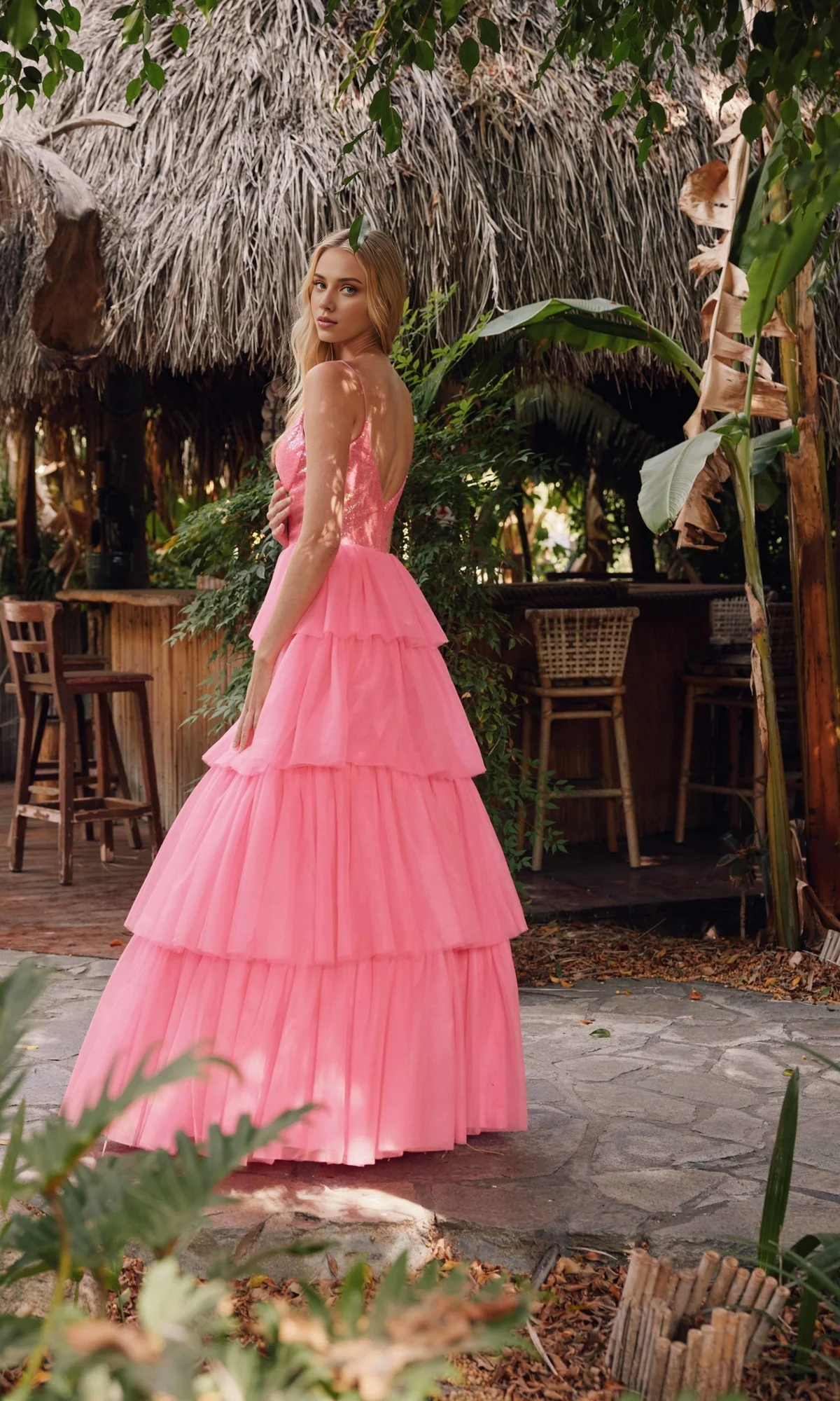 OKBBN elegant long ruffled chiffon A-line layered ball gown