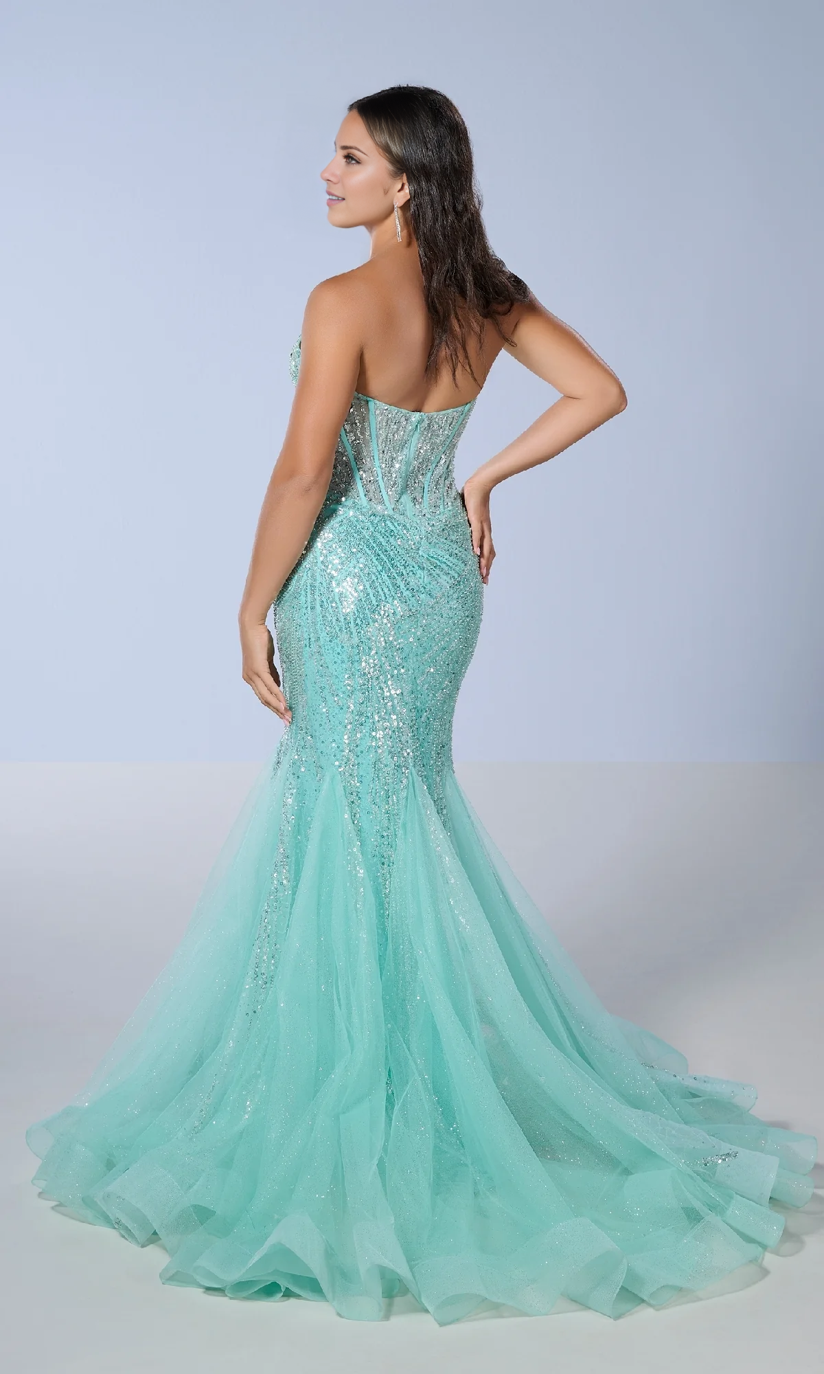OKBBN strapless mermaid heart-shaped neckline transparent tight corset and sequined decorative chiffon ball dress