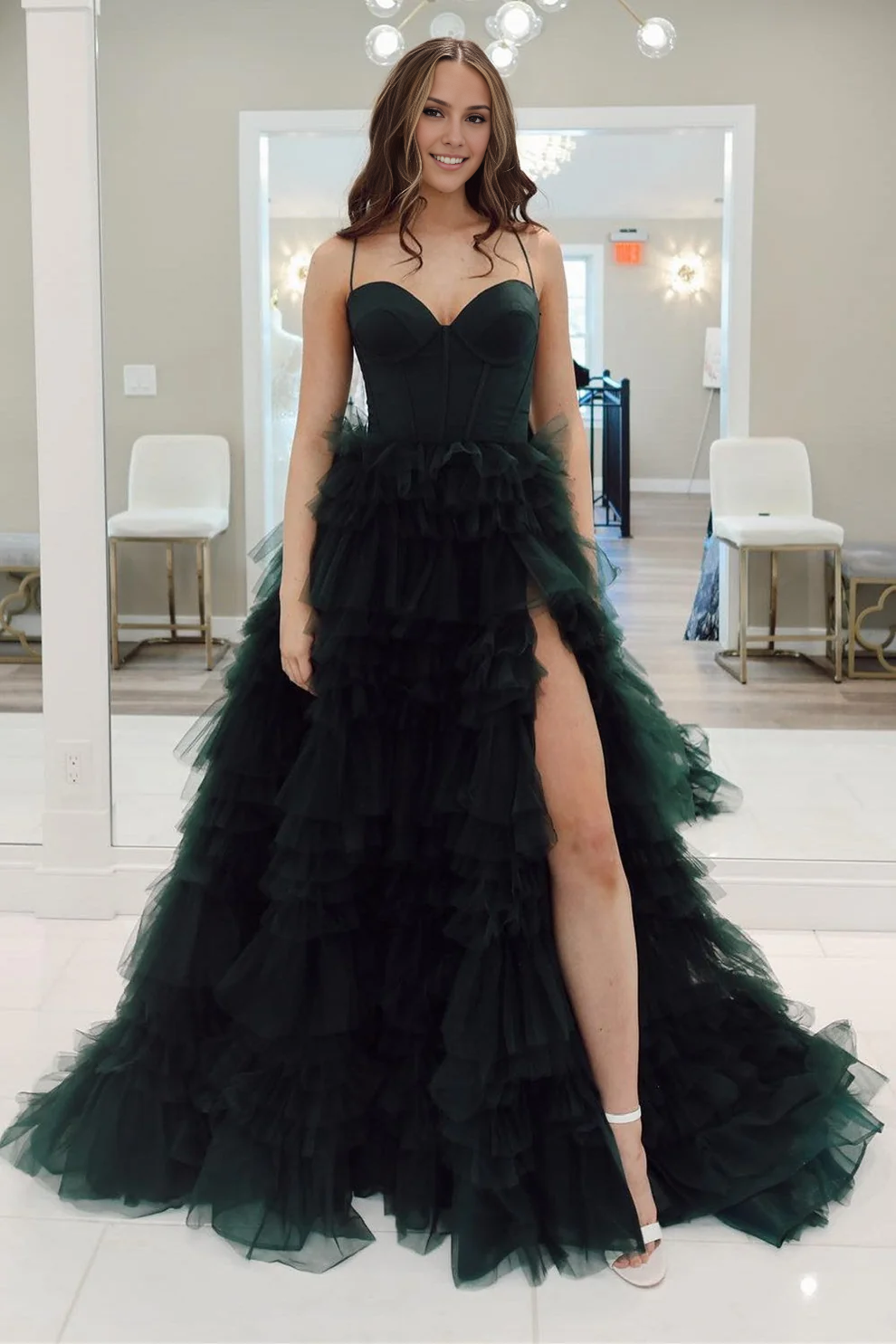 OKBBN Sweetheart Lace Ruffle Ball Dress with slit