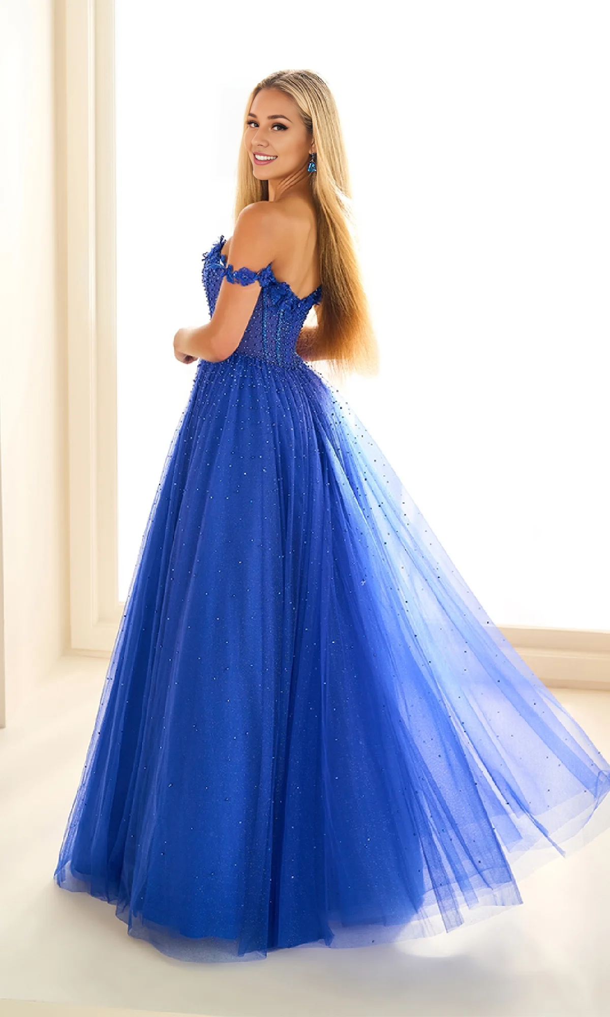 OKBBN off shoulder long sparkling chiffon transparent tight corset ball dress