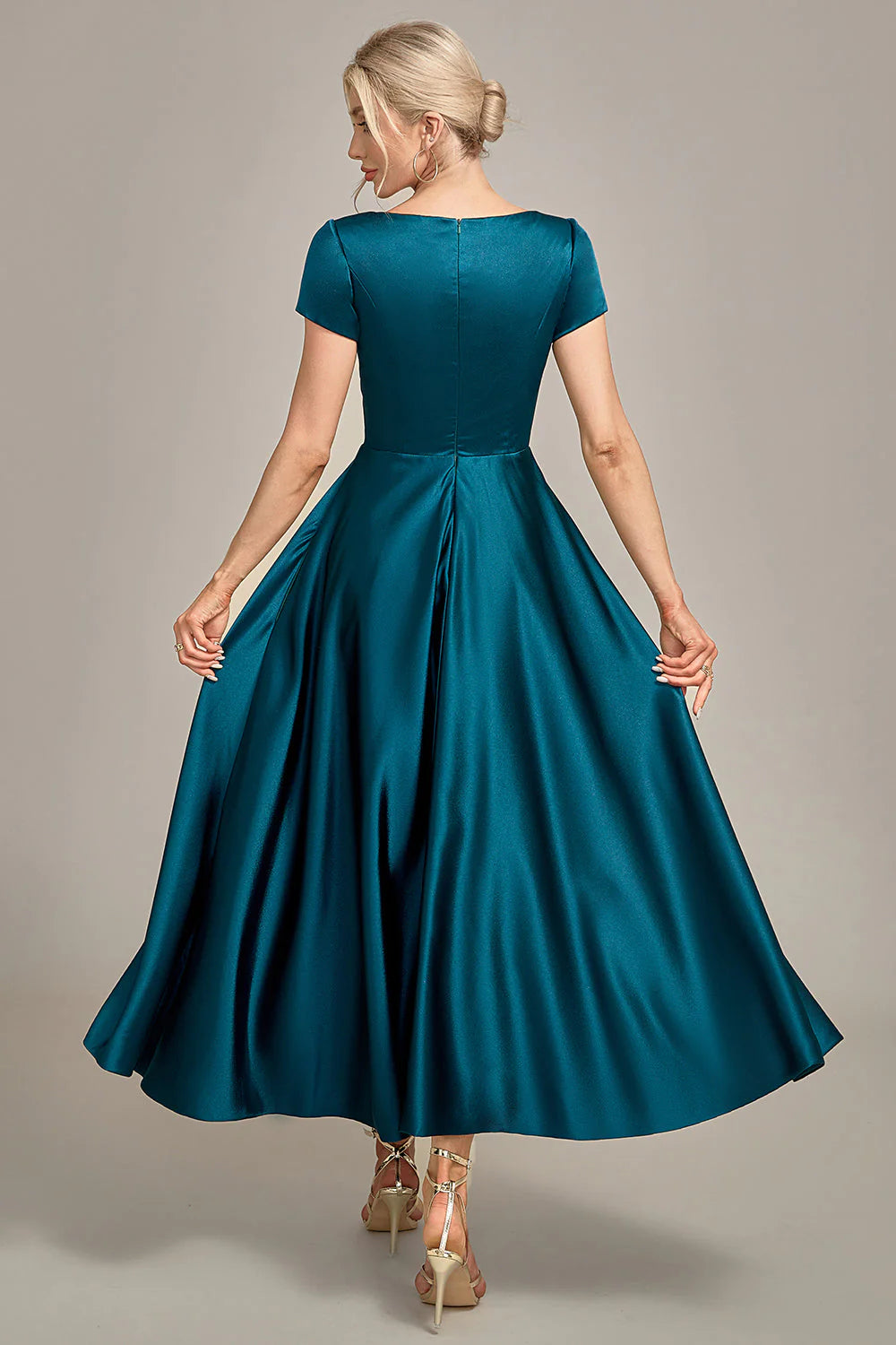 OKBBN satin V-neck A-line pleated bridal mother gown