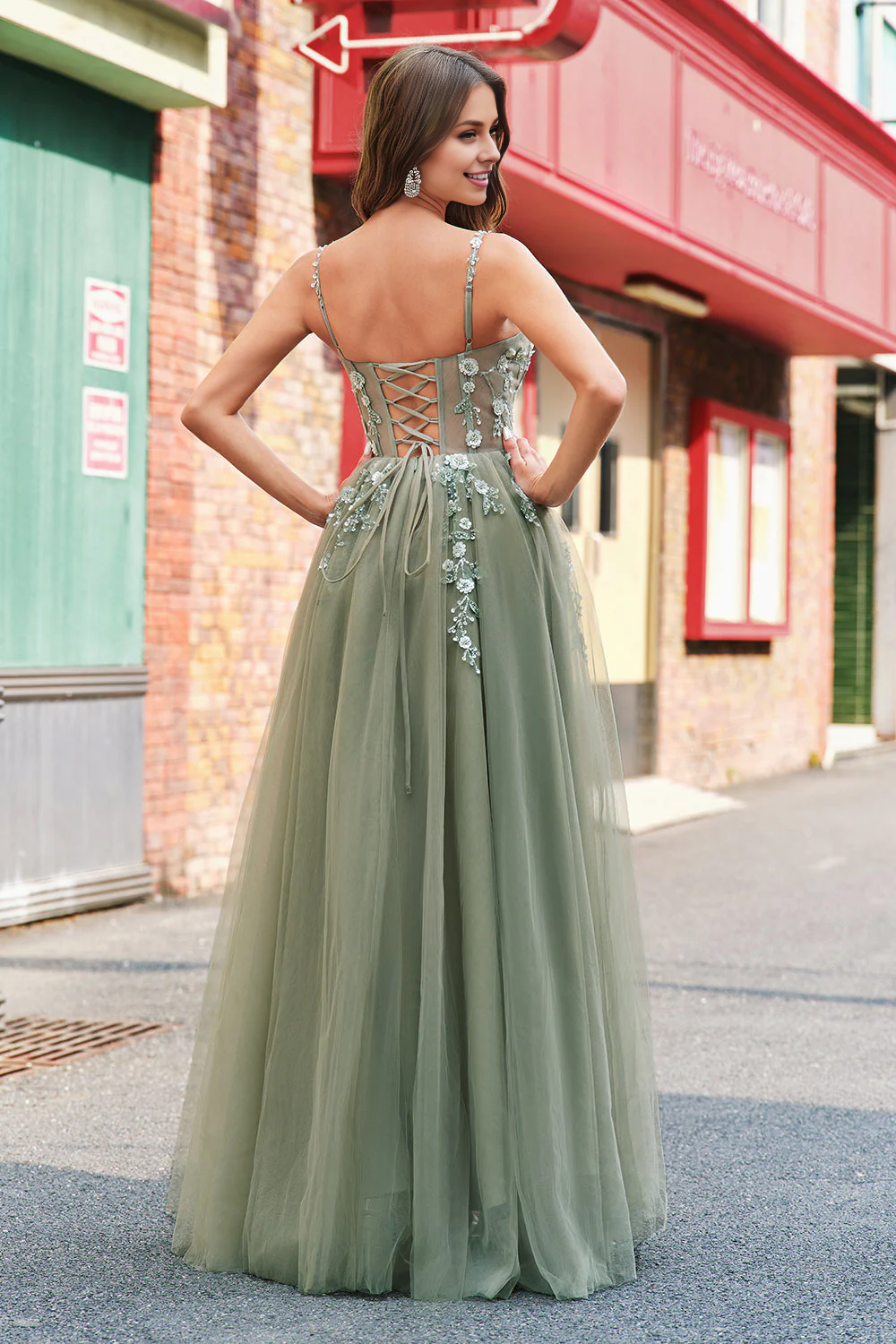 OKBBN A-line tight corset sequined chiffon long evening gown