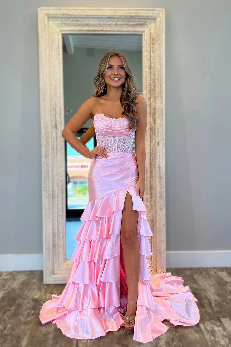 OKBBN Charming Mermaid Off Shoulder Pink Satin Long Ball Dress