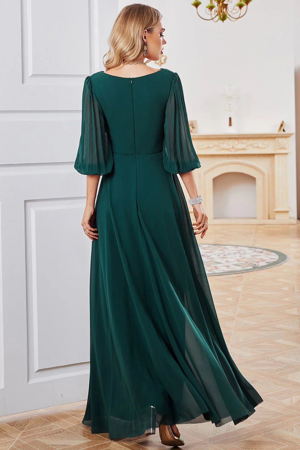 OKBBN A-line V-neck Chiffon Half Sleeve Bridal Mother Dress