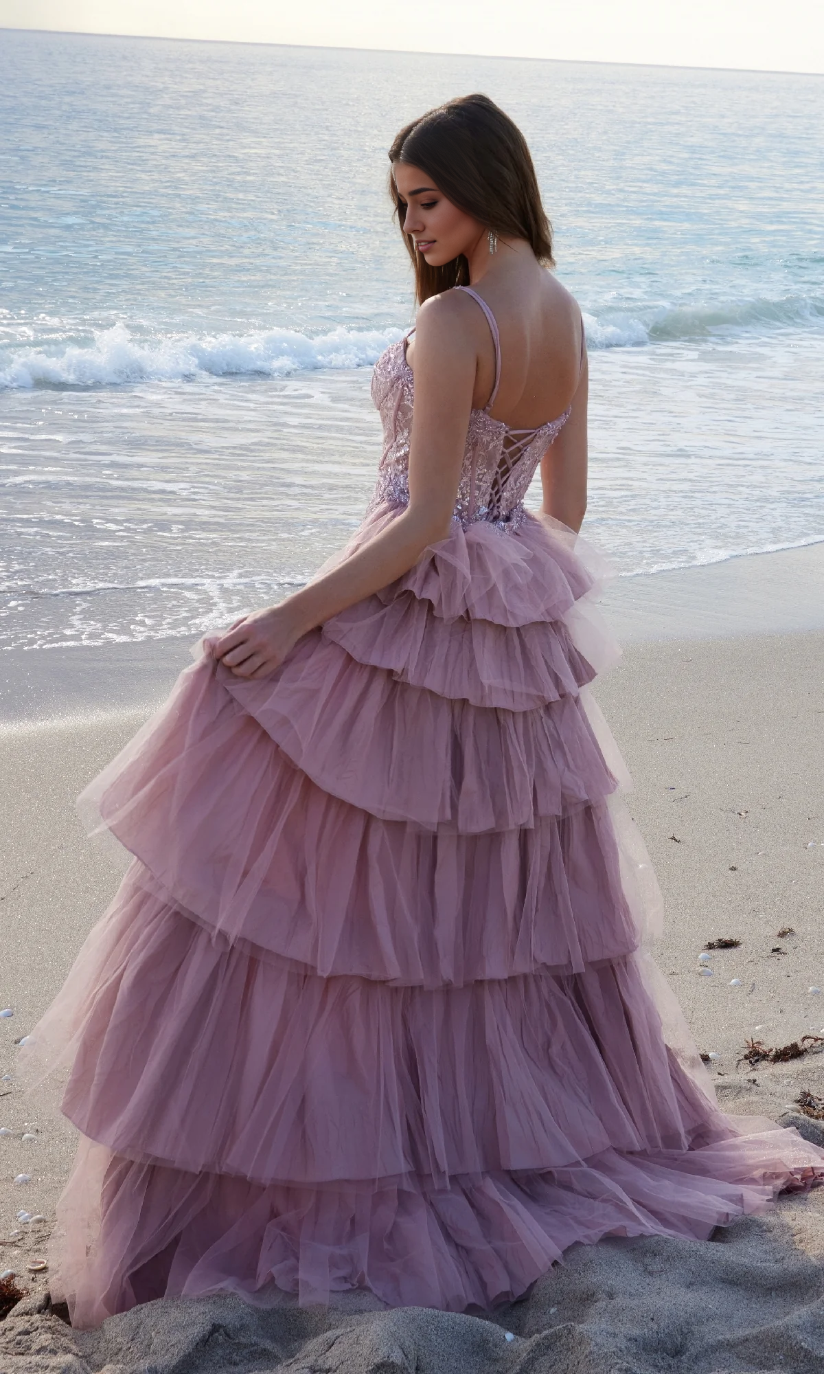 OKBBN Long Lace Ruffle Lace Tight corset Ball Dress