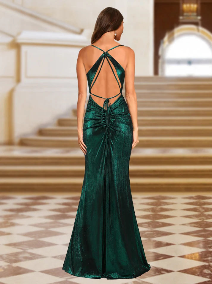 OKBBN mermaid slim shoulder strap pleated long evening gown
