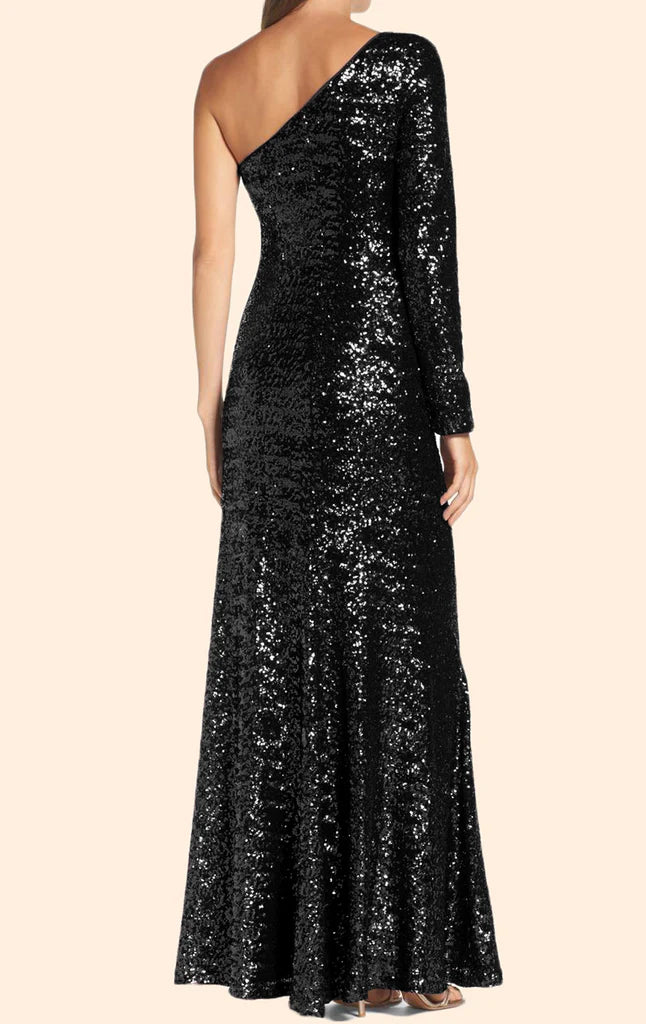 OKBBN One Shoulder Long Sleeve Glitter Formal Ball Dress