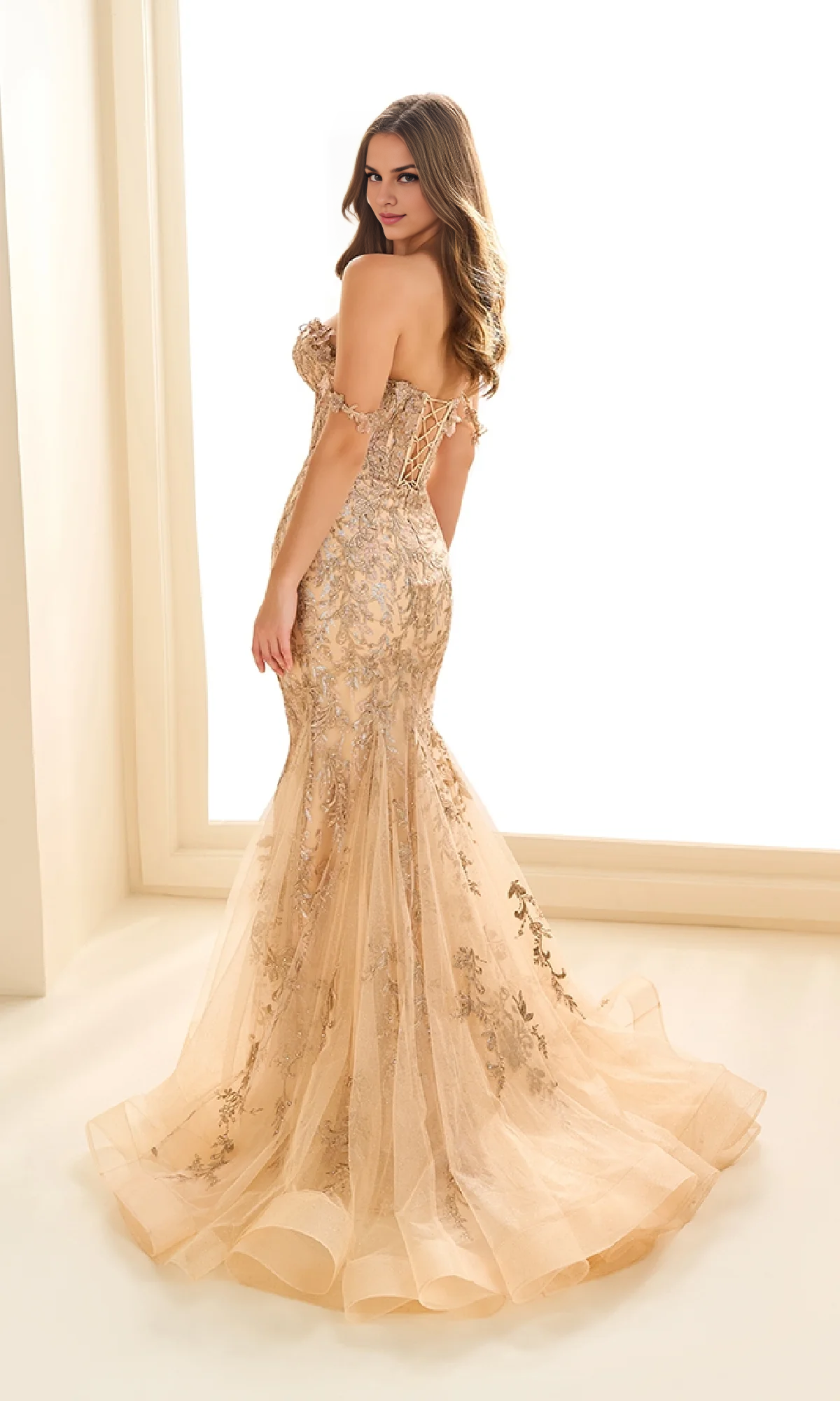OKBBN Shiny Long Perspective Lace Corset Ball Dress