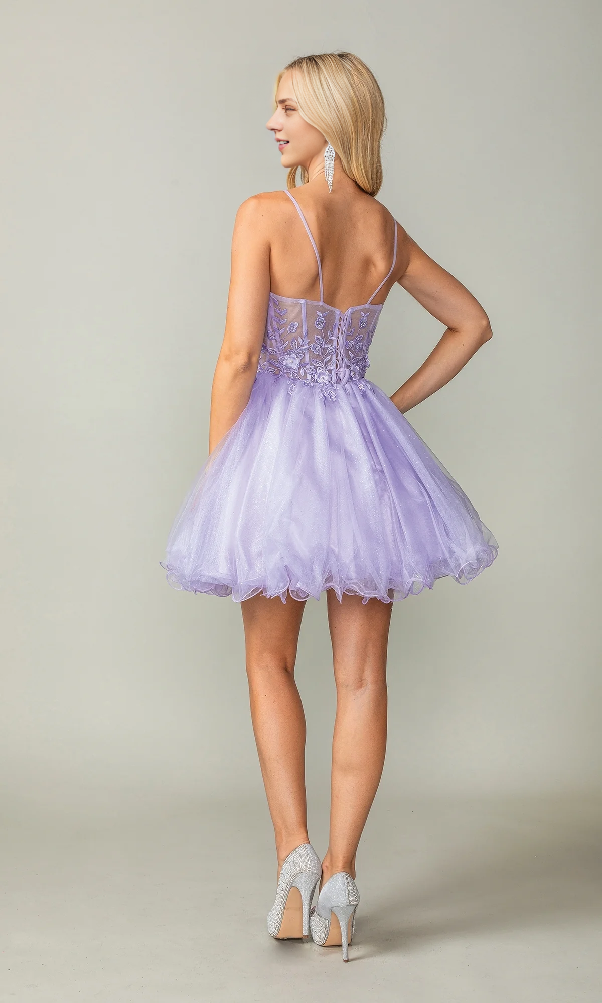 OKBBN Perspective Waist Short Doll Dress Shiny Tulle Homecoming Dress