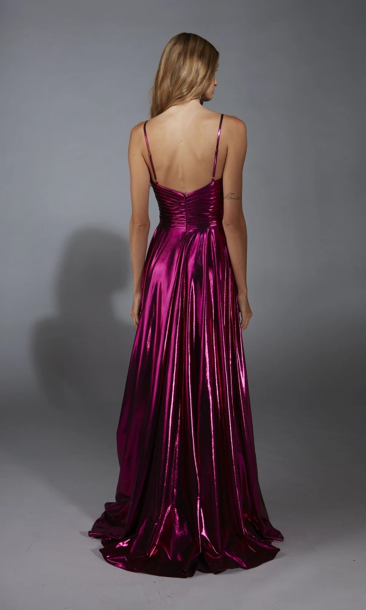 OKBBN deep V-shaped long pleated side slit ball gown