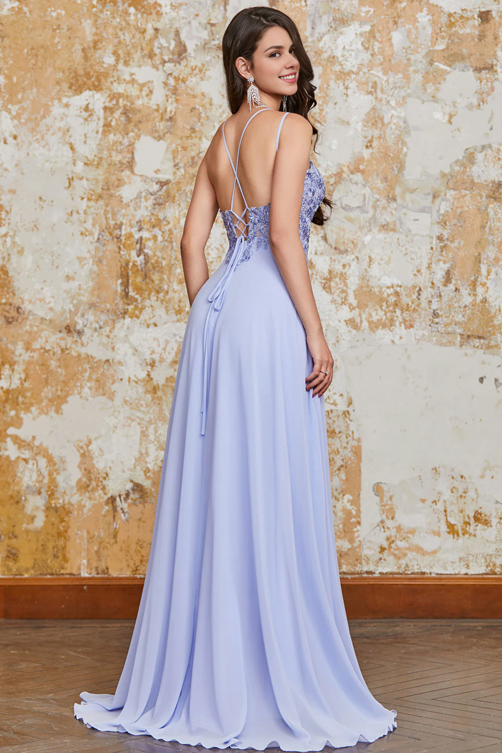 OKBBN's gorgeous A-line slim shoulder strap light purple long evening gown