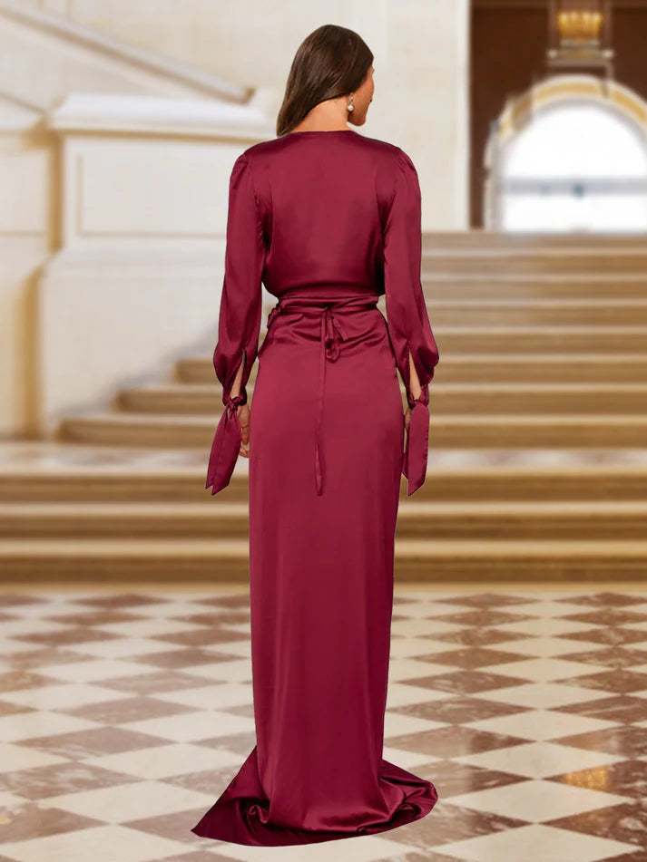 OKBBN tight straight cross V-neck long sleeved pleated wrap evening gown