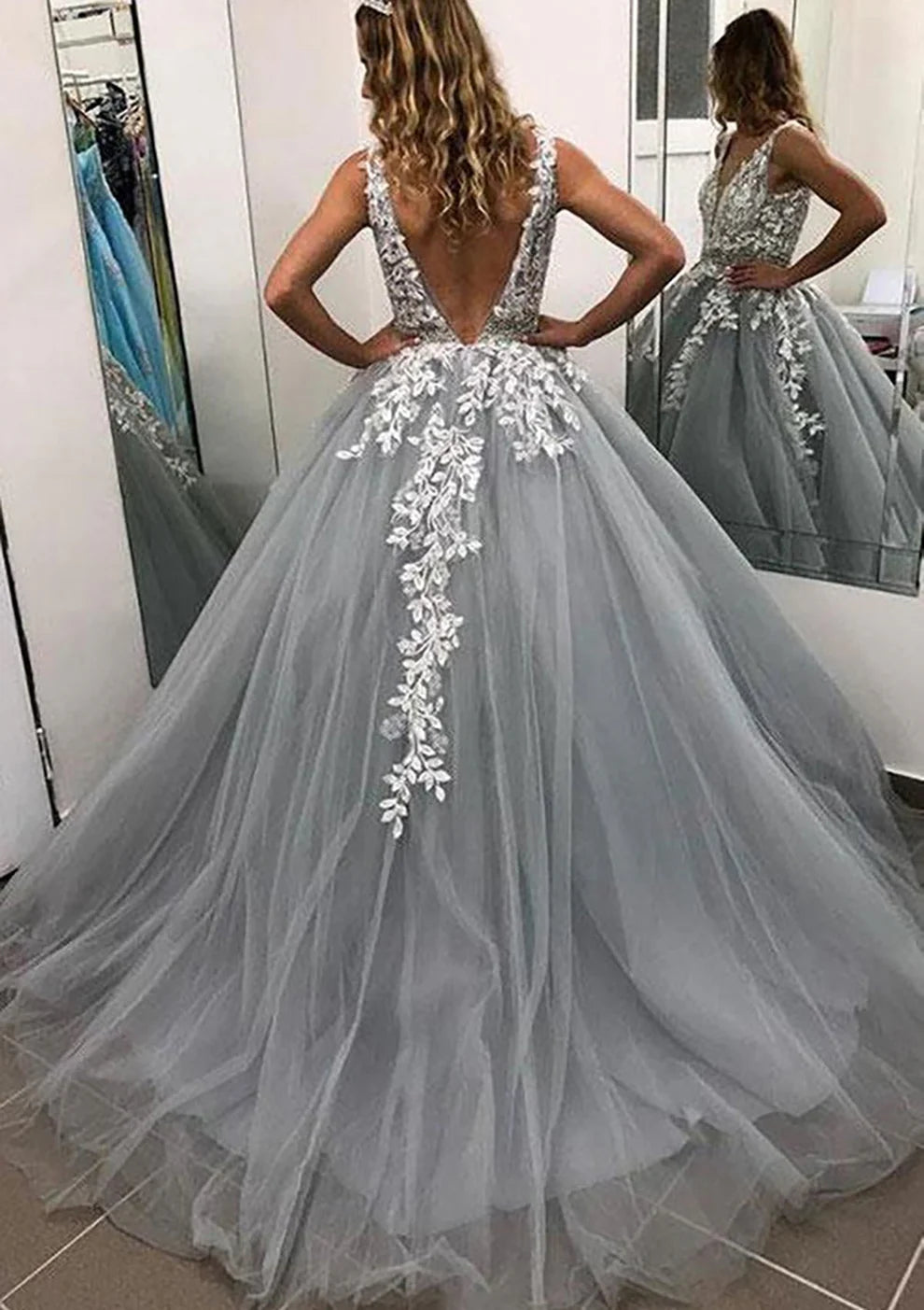 OKBBN sleeveless long and floor chiffon ball dress with lace applique