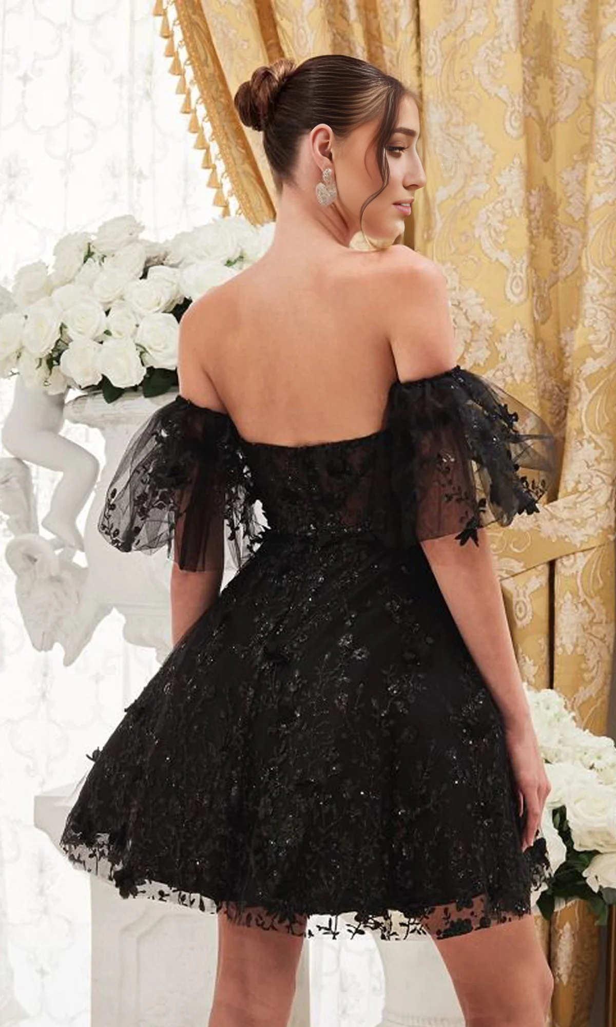 OKBBN Bubble Sleeve Short Off Shoulder A-line Homecoming Dress