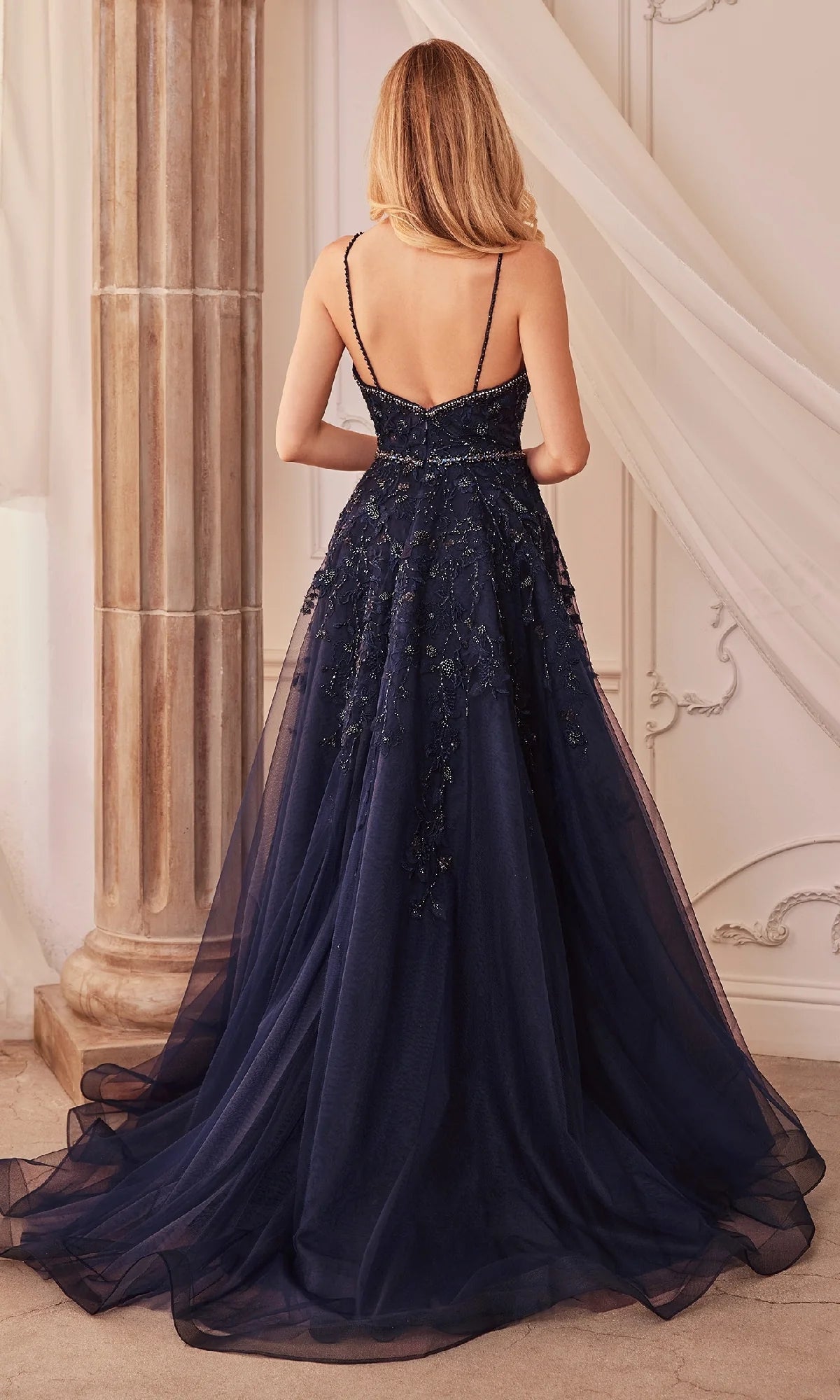 OKBBN applique thin shoulder strap V-neck backless ball gown