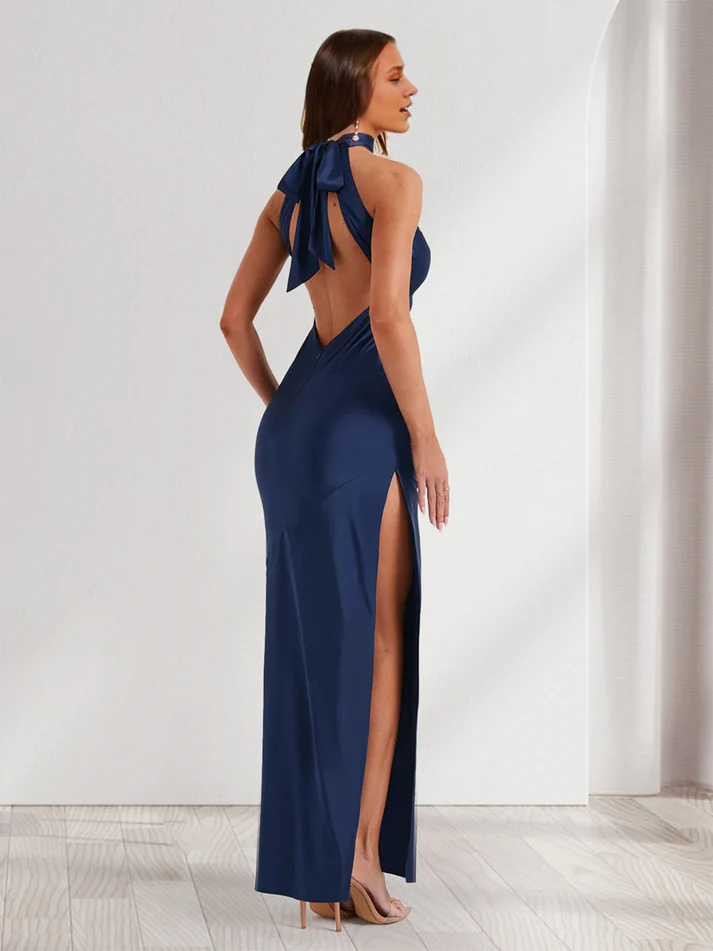 OKBBN tight straight tube backless sleeveless and ankle high slit evening gown