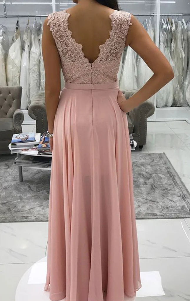 OKBBN V-neck lace chiffon long formal ball dress