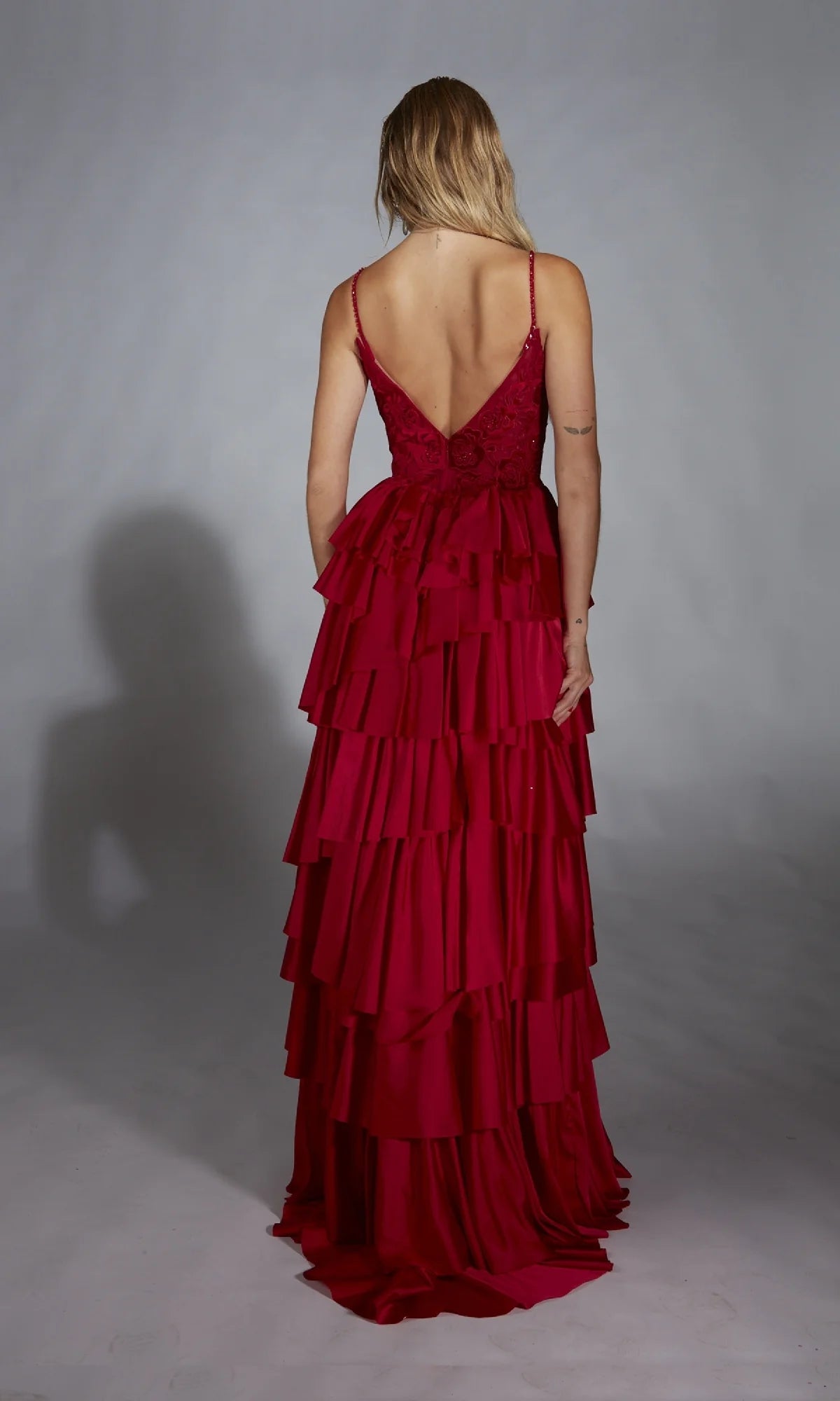 OKBBN Long A-line V-neck Velvet Lace Corset Ball Dress