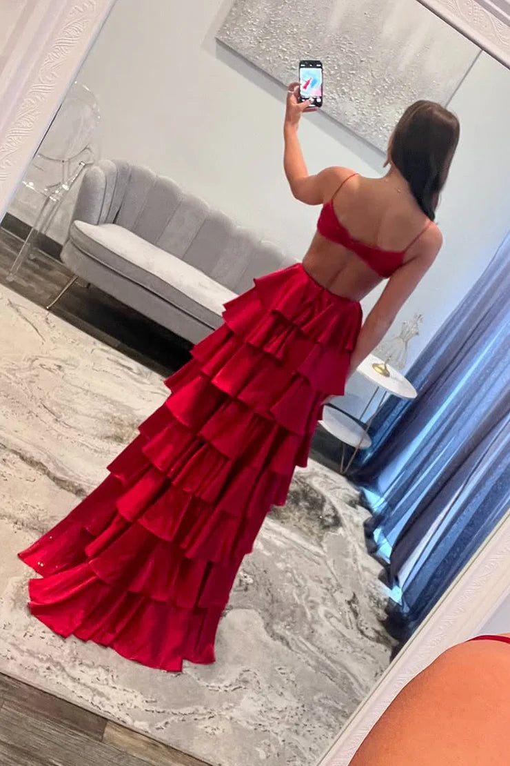 OKBBN Cute A-line V-neck Satin Layered Long Split Ball Dress