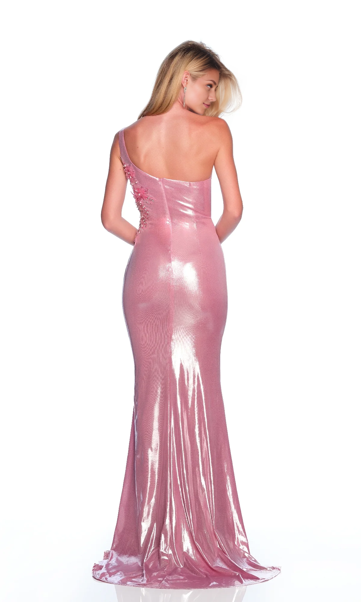 OKBBN Long Single Shoulder Collar Beaded Transparent Folded Ball Dress