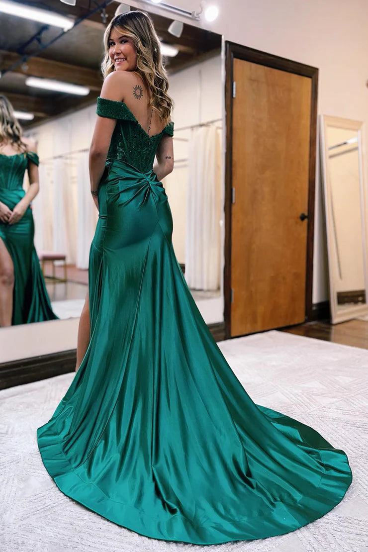 OKBBN enchanting mermaid off shoulder satin slit dance dress