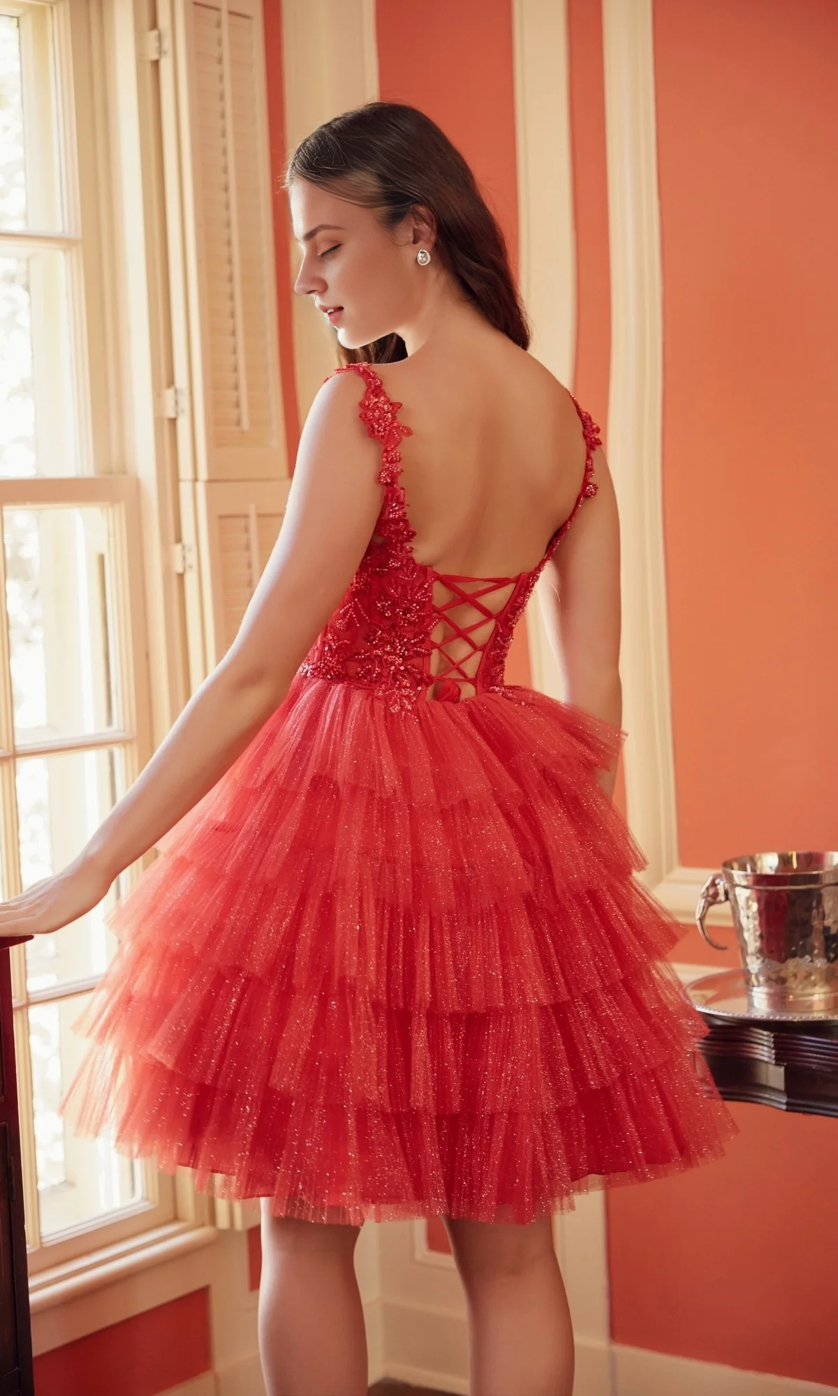 OKBBN sequined chiffon ruffle edge tight corset A-line deep V-neck Homecoming Dresses