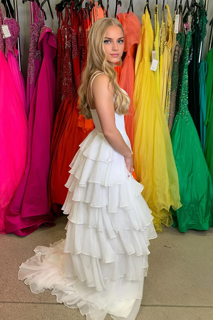 OKBBN A-line V-neck chiffon multi-layer long dance dress