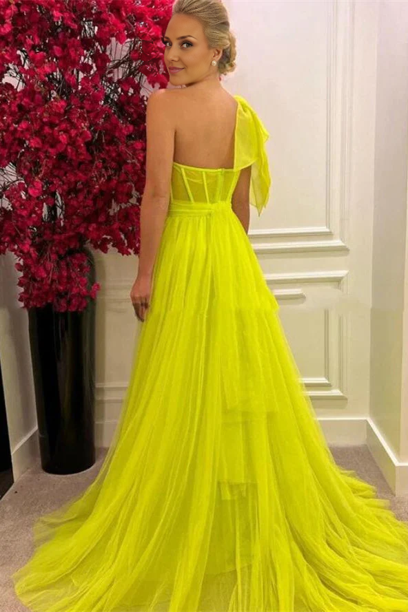 OKBBN stunning one shoulder chiffon long A-line slit dance dress