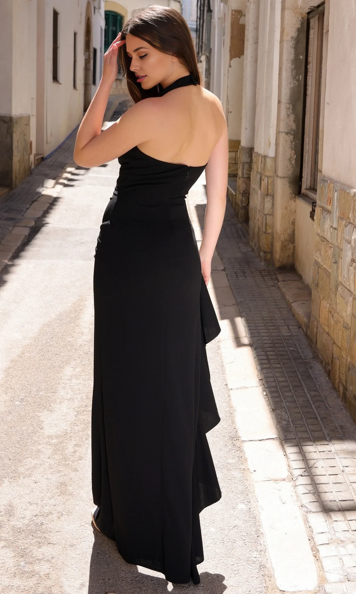 OKBBN elegant lotus leaf edge length hanging neck ball dress