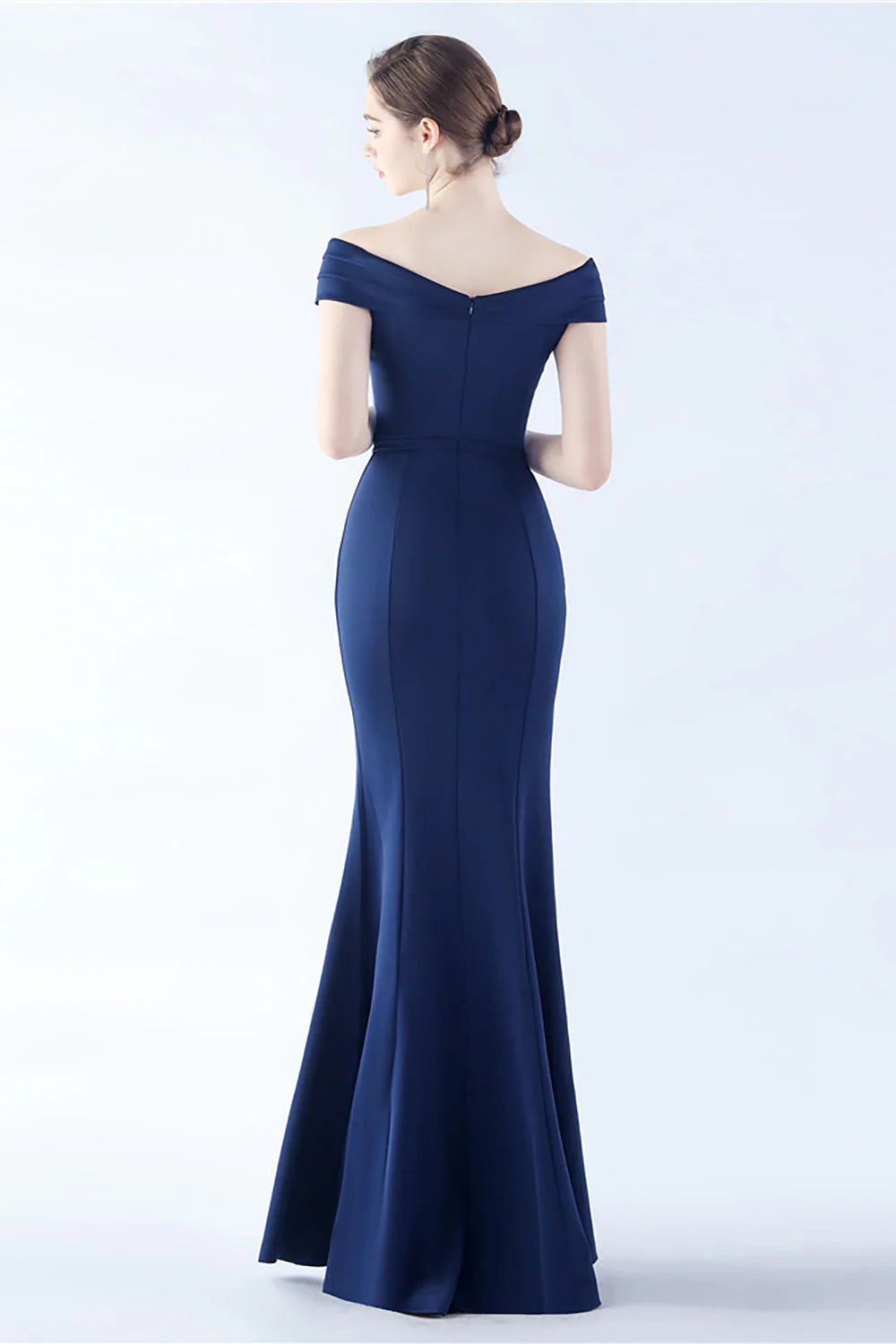 OKBBN off shoulder mermaid crepe slit evening gown