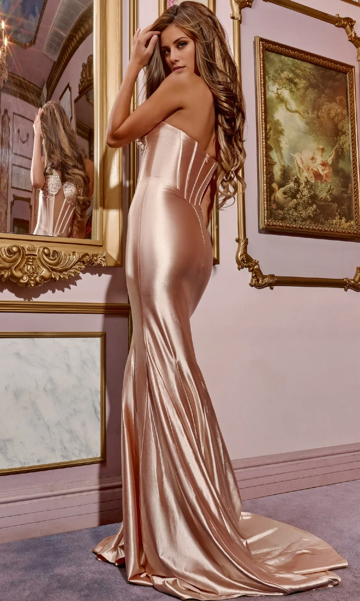 OKBBN long tight fitting ball gown with backless neckline, tight corset, and back zipper