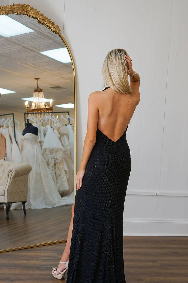 OKBBN's charming tight fitting scarf collar chiffon long slit dance dress