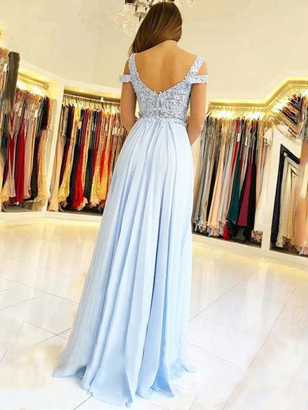 OKBBN A-line elegant sleeveless off shoulder and floor decal chiffon ball gown