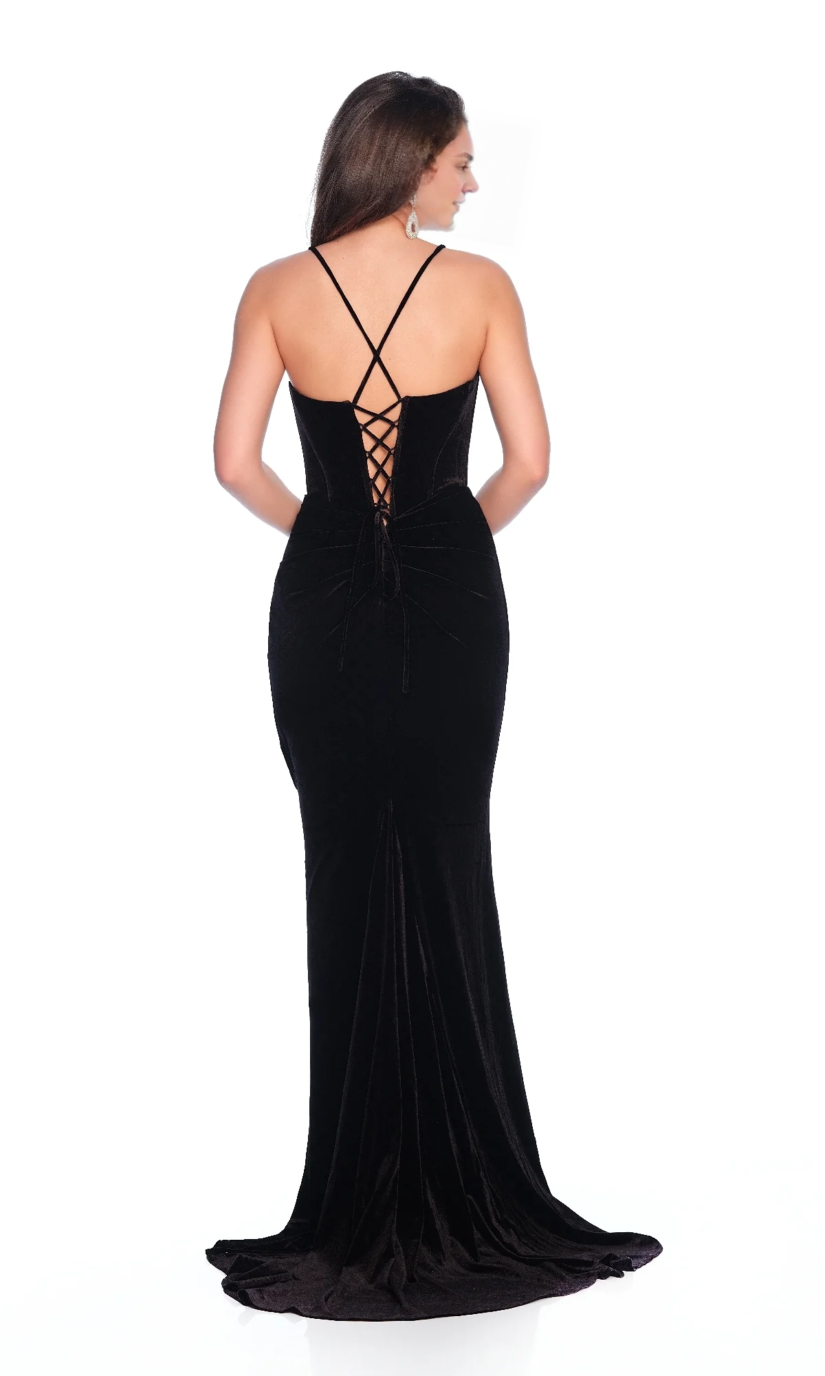 OKBBN Velvet Long Strap Cross Tie into Tight corset Ball Dress