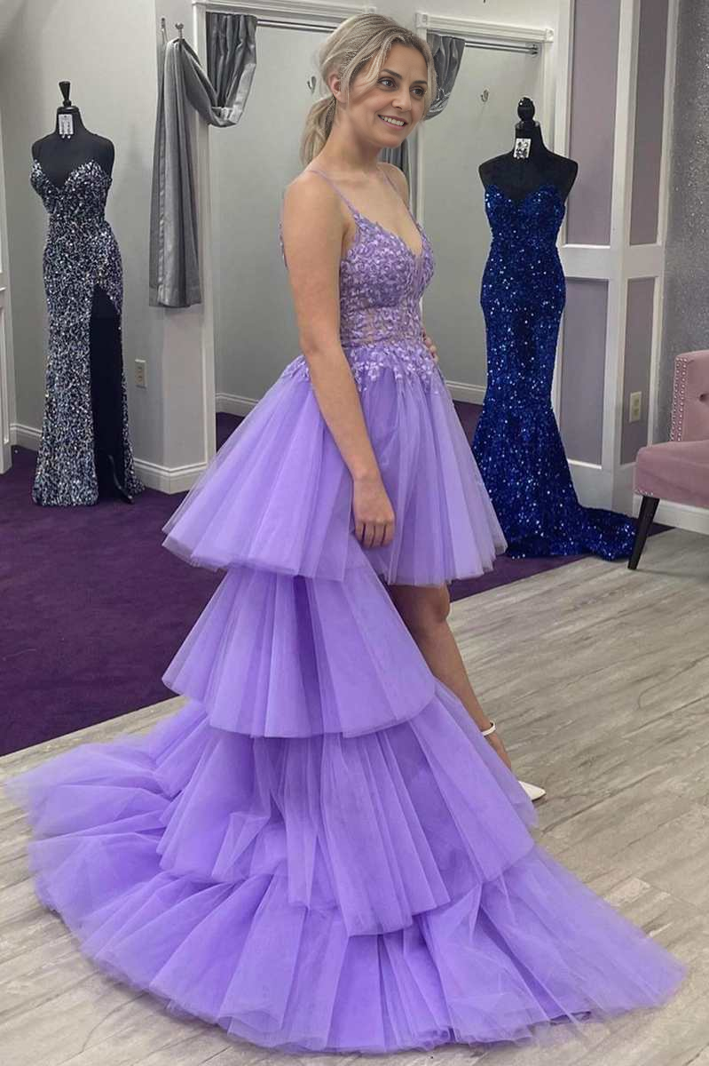 OKBBN High and Low Lace V-neck Layered Ball Dress