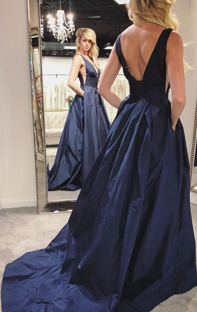 OKBBN Deep V-neck Taft Elegant Formal Ball Dress