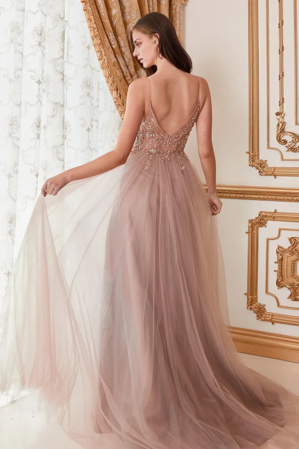 OKBBN Elegant A-line Low V-neck Thin Strap Sleeveless Embroidered Beaded Ball Dress