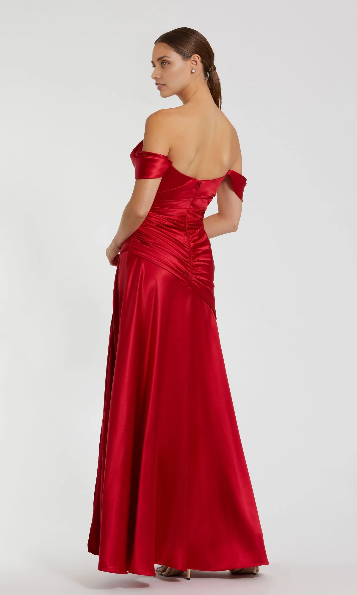 OKBBN Long Red Hard Satin Off Shoulder Collar Ball Dress