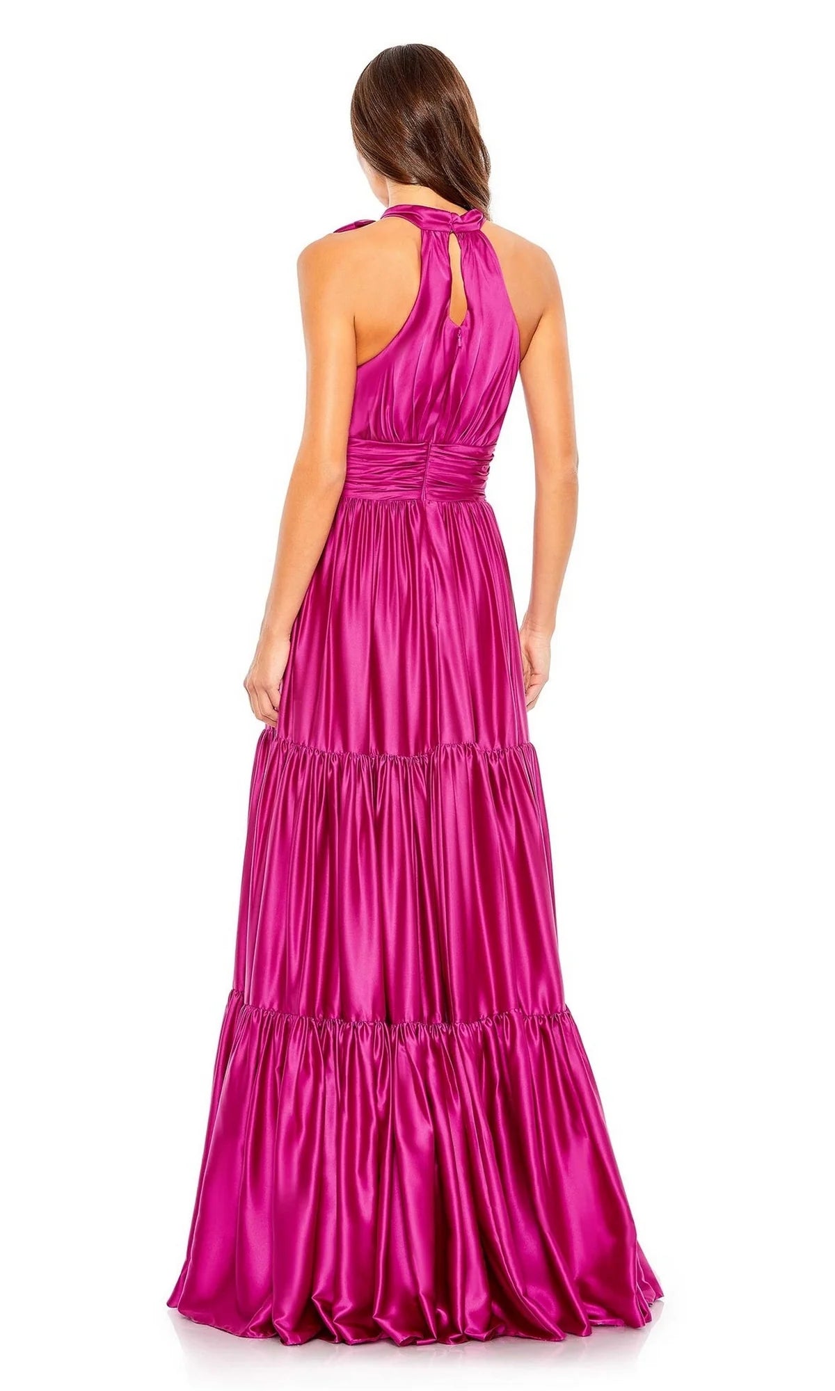 OKBBN High Neck Satin A-line Lock Hole Back Hollow Ruffle Ball Dress