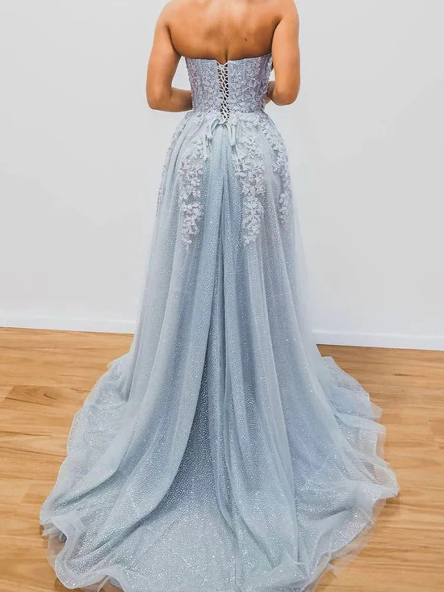 OKBBN A-line shiny trailing sleeveless sweetheart chiffon ball dress