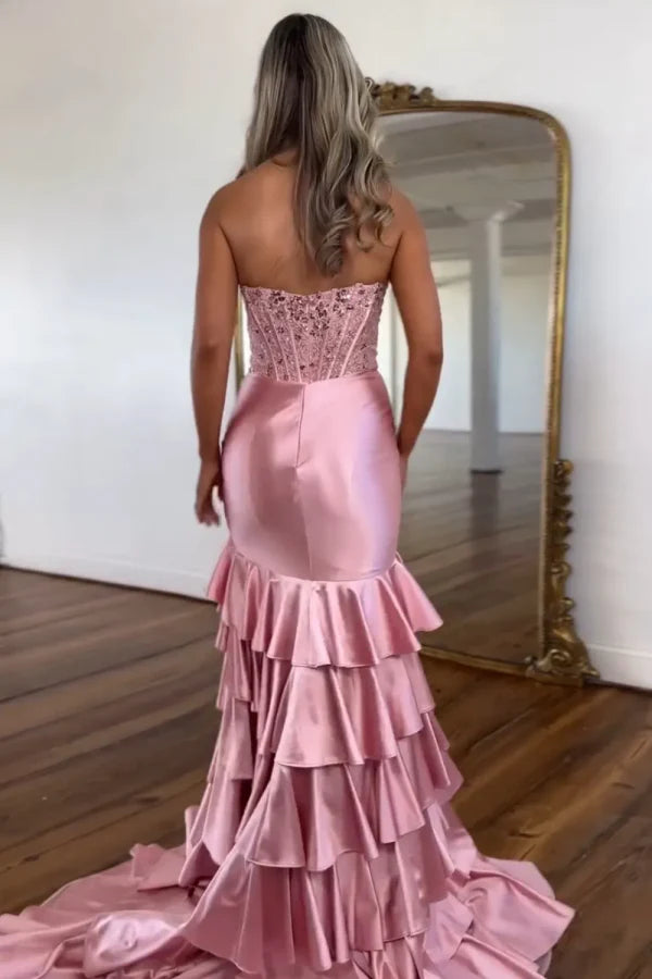 OKBBN Sweet and Cute Mermaid Off Shoulder Sleeveless Ruffle Sparkle Stacked High Side Split Ball Dress