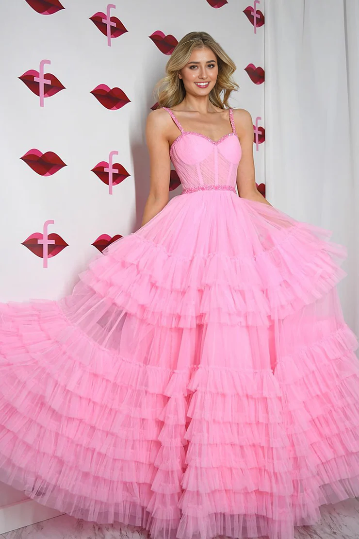 OKBBN A-line Sweetheart Ruffle Layered Chiffon Long Ball Dress
