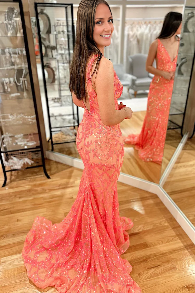 OKBBN Cute Mermaid V-neck Sequined Ball Gown